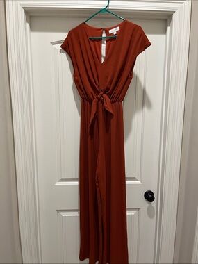 She + Sky Rust-Red Tie Waist Maxi Jumpsuit